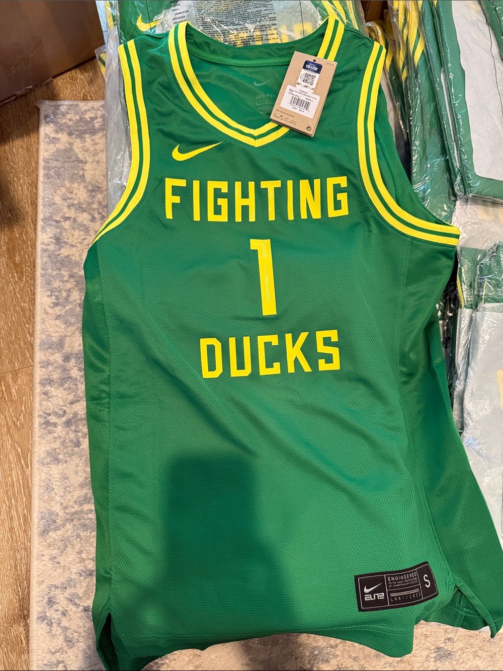 Multiple Sizes!! Nike Green and Yellow Fighting Ducks #1 Basketball Jersey